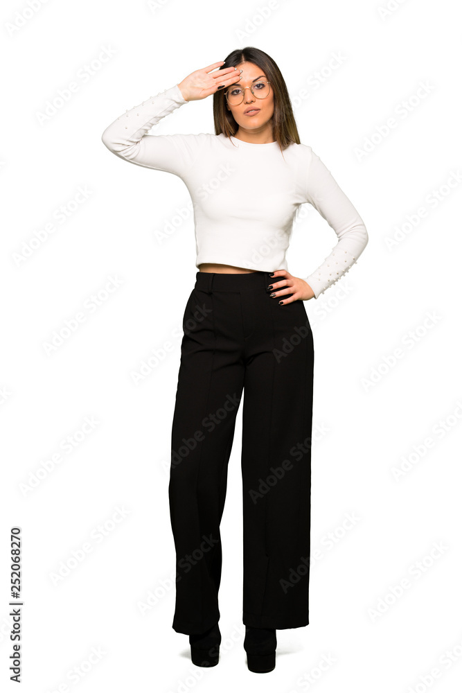 Full body of Pretty woman with glasses with tired and sick expression Full body of Pretty woman with glasses with tired and sick expression