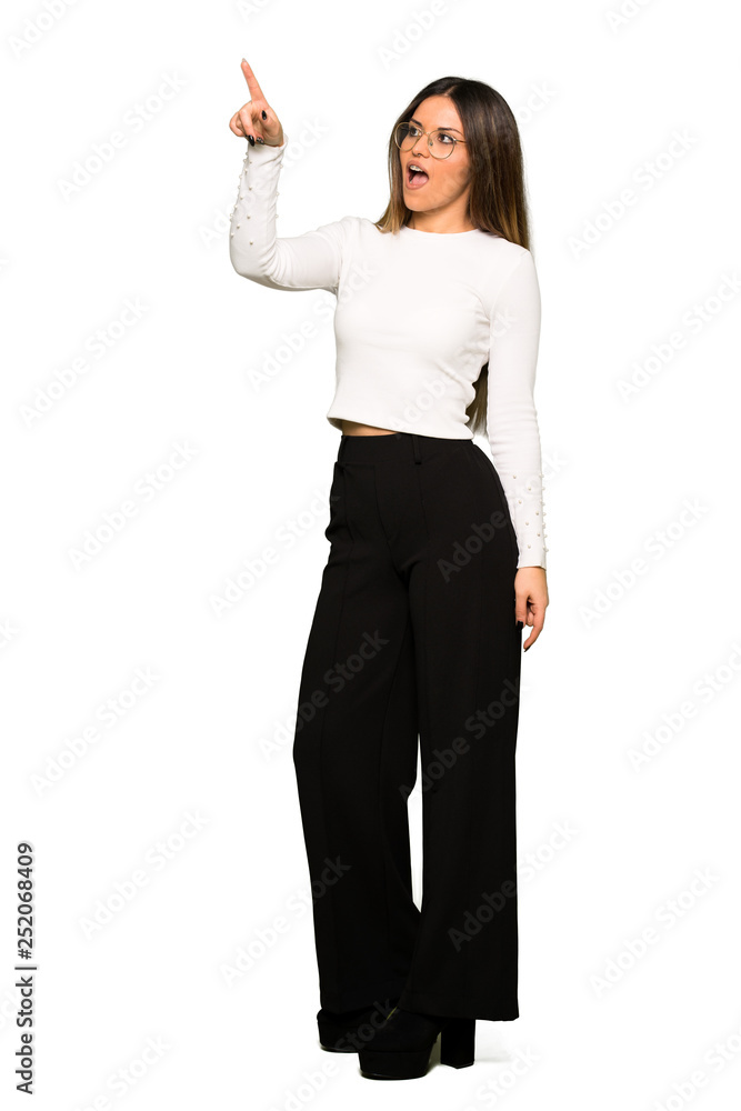 Full body of Pretty woman with glasses pointing away Full body of Pretty woman with glasses pointing away