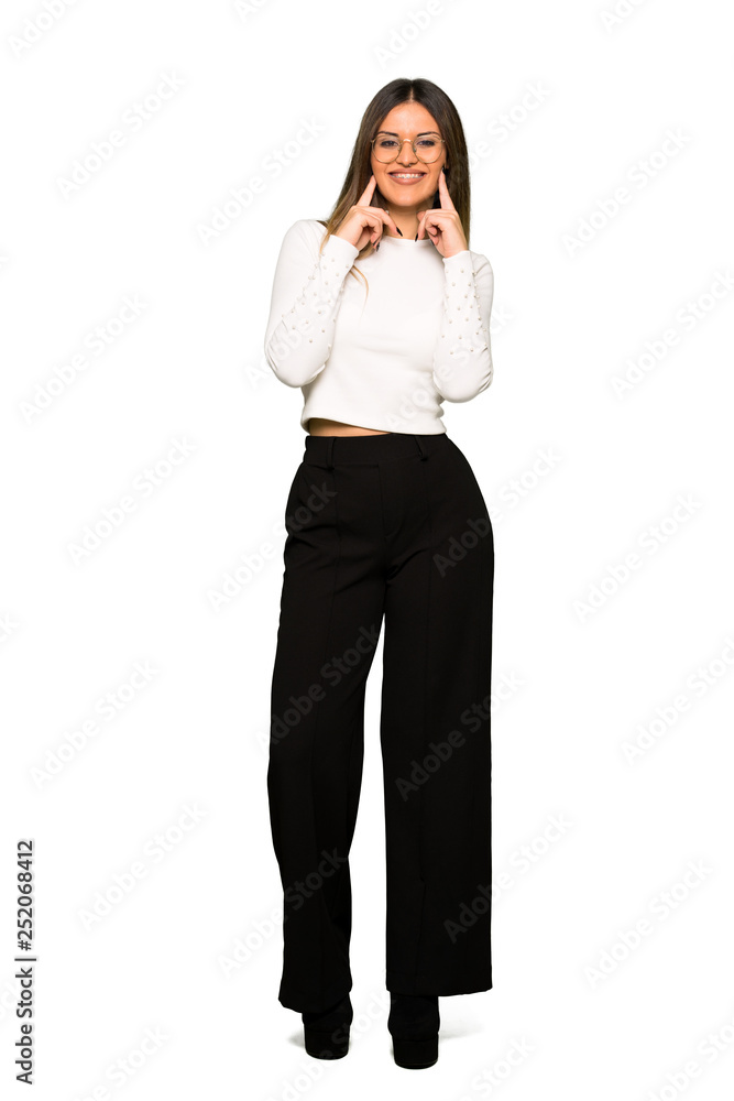 Full body of Pretty woman with glasses smiling with a happy and pleasant expression Full body of Pretty woman with glasses smiling with a happy and pleasant expression