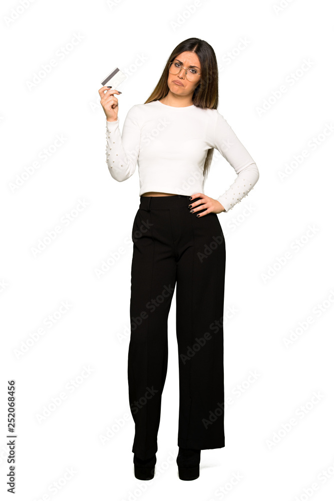 Full body of Pretty woman with glasses holding a credit card Full body of Pretty woman with glasses holding a credit card