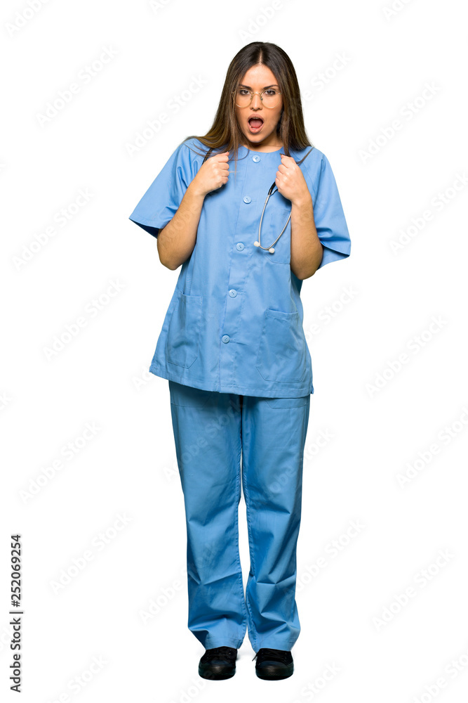 Full body of Young nurse frustrated by a bad situation Full body of Young nurse frustrated by a bad situation