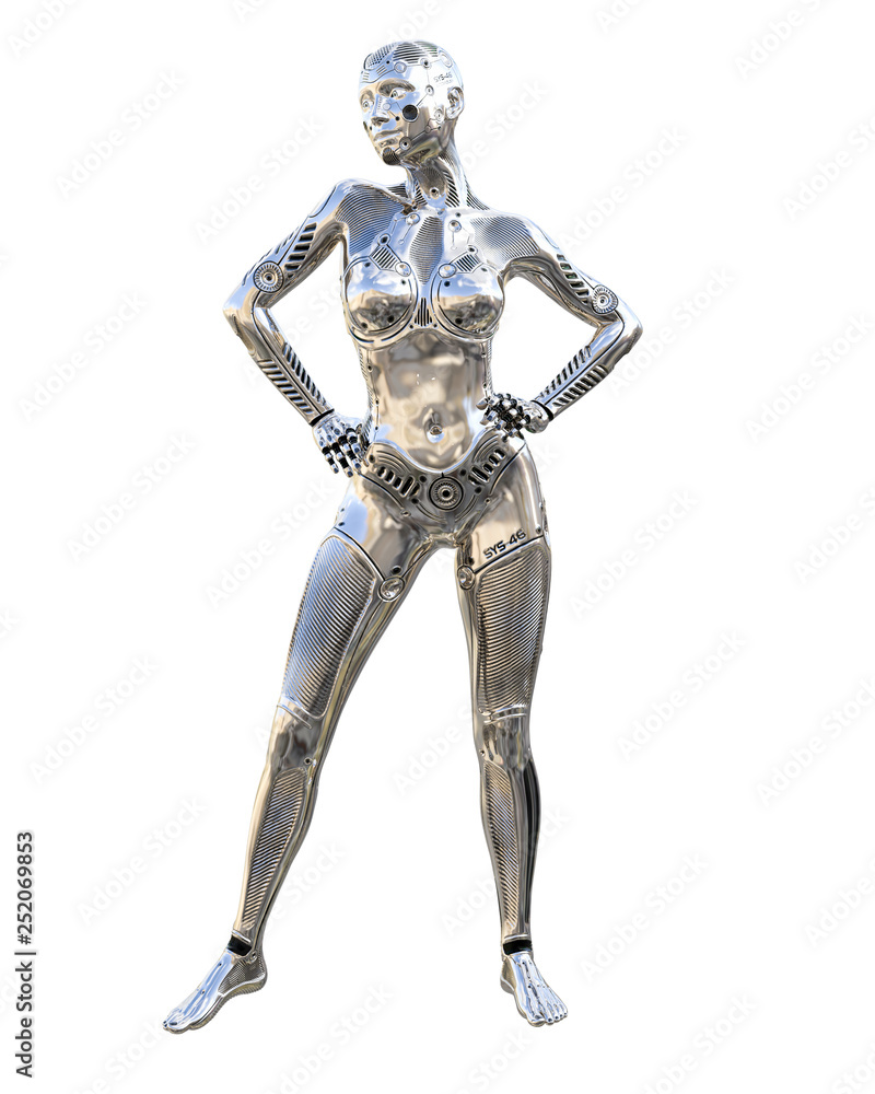 Dance robot woman. Metal shiny silver droid. Artificial Intelligence. Conceptual fashion art. Realistic 3D render illustration. Studio, isolate, high key.