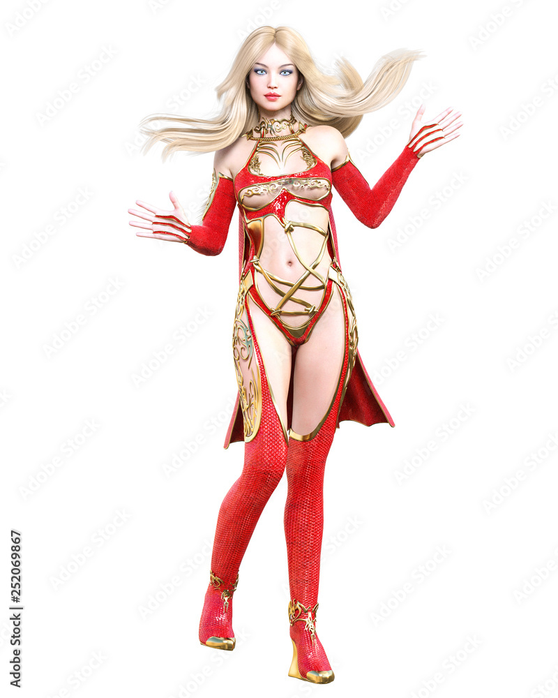 Warrior amazon woman in red raincoat and boots. Long blonde hair. Muscular athletic body. Girl standing candid provocative pose. Conceptual fashion art. Realistic 3D rendering isolate illustration. Warrior amazon woman in red raincoat and boots. Long blonde hair. Muscular athletic body. Girl standing candid provocative pose. Conceptual fashion art. Realistic 3D rendering isolate illustration.