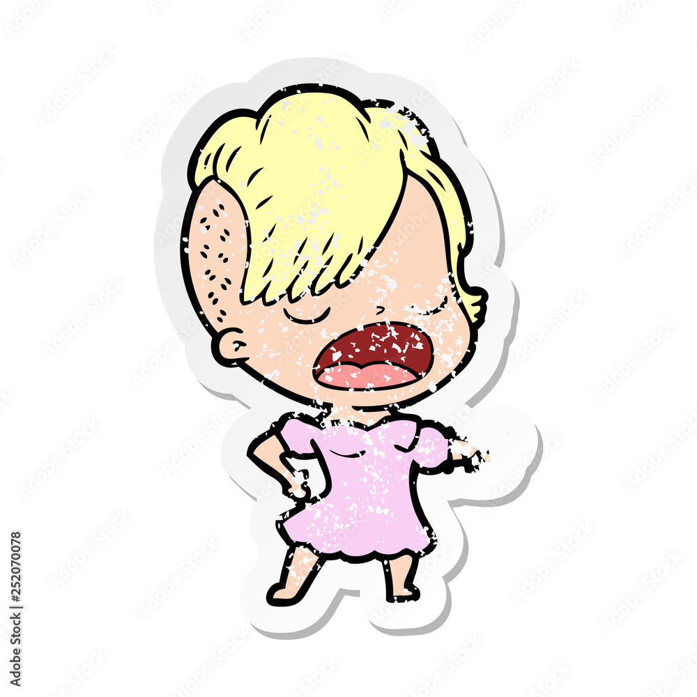 distressed sticker of a cartoon cool hipster girl talking distressed sticker of a cartoon cool hipster girl talking