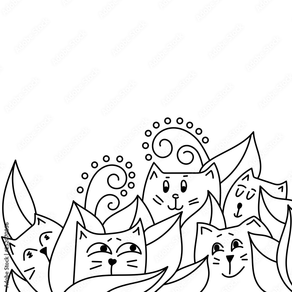 Cute cats peeking out of the leaves. Hand drawn seamless borders, vector.