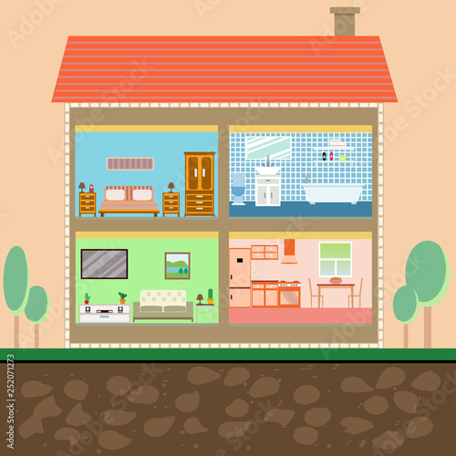 Set of four rooms in a large house. Flat design includes living room, bedroom, kitchen and bathroom.