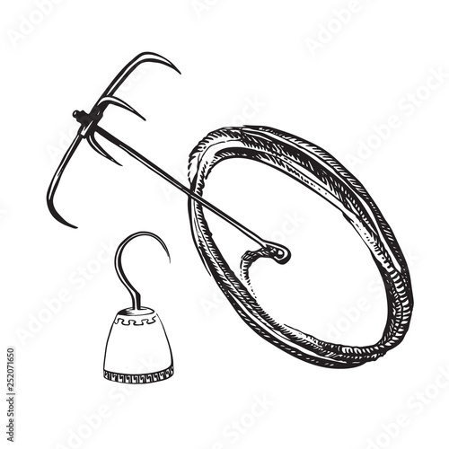 Pirate hook and boarding or grappling hook with rope. Hand drawn sketch illustration. Vector black ink drawing isolated on white background
