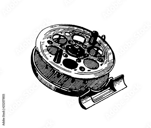 Hand drawn highly detailed fishing reel vector icon illustration on white background