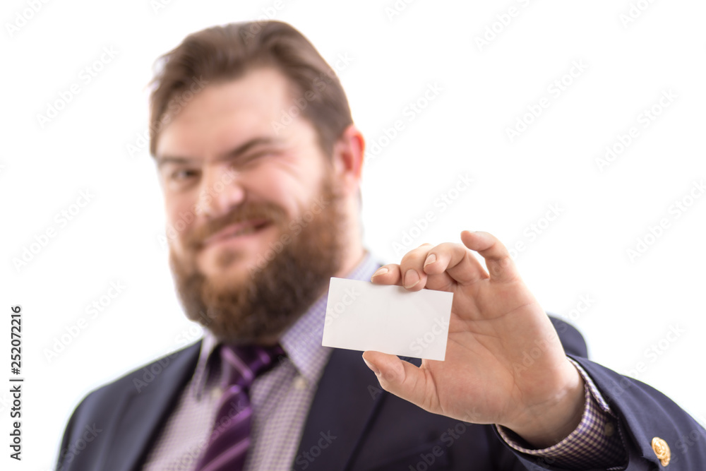 closeup man's hand with funny blurred face showing business card, isolated on white closeup man's hand with funny blurred face showing business card, isolated on white