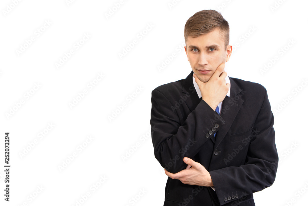 Portrait of young attractive doubting business man in a dark suit and a bright blue tie, isolated on white Portrait of young attractive doubting business man in a dark suit and a bright blue tie, isolated on white