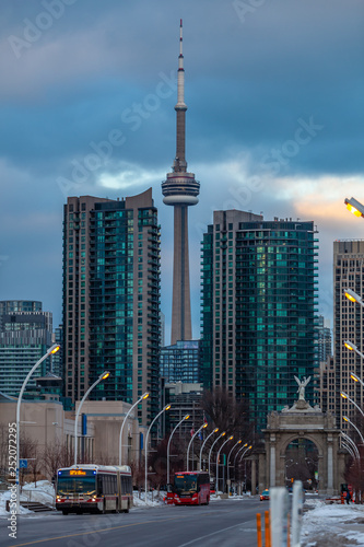 Photography Exhibition district in modern metropolis city of Toronto, with epic view of famous CN tower in background