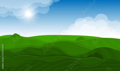 Spring vivid landscape with hills, grass and sky. Clouds and shadows. Seasons of the year spring or summer. © Sergey T..
