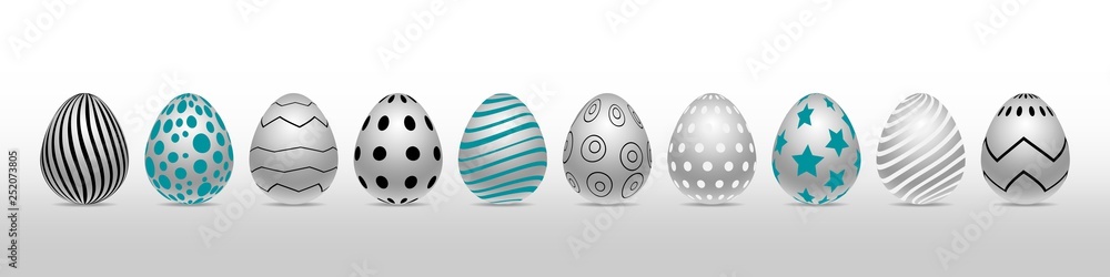 Vector row of realistic chiken eggs isolated on white background with soft shadow. Perfect Easter holiday template. Decorated in different colors and pattern. Three-dimensional illustration. Eps 10.