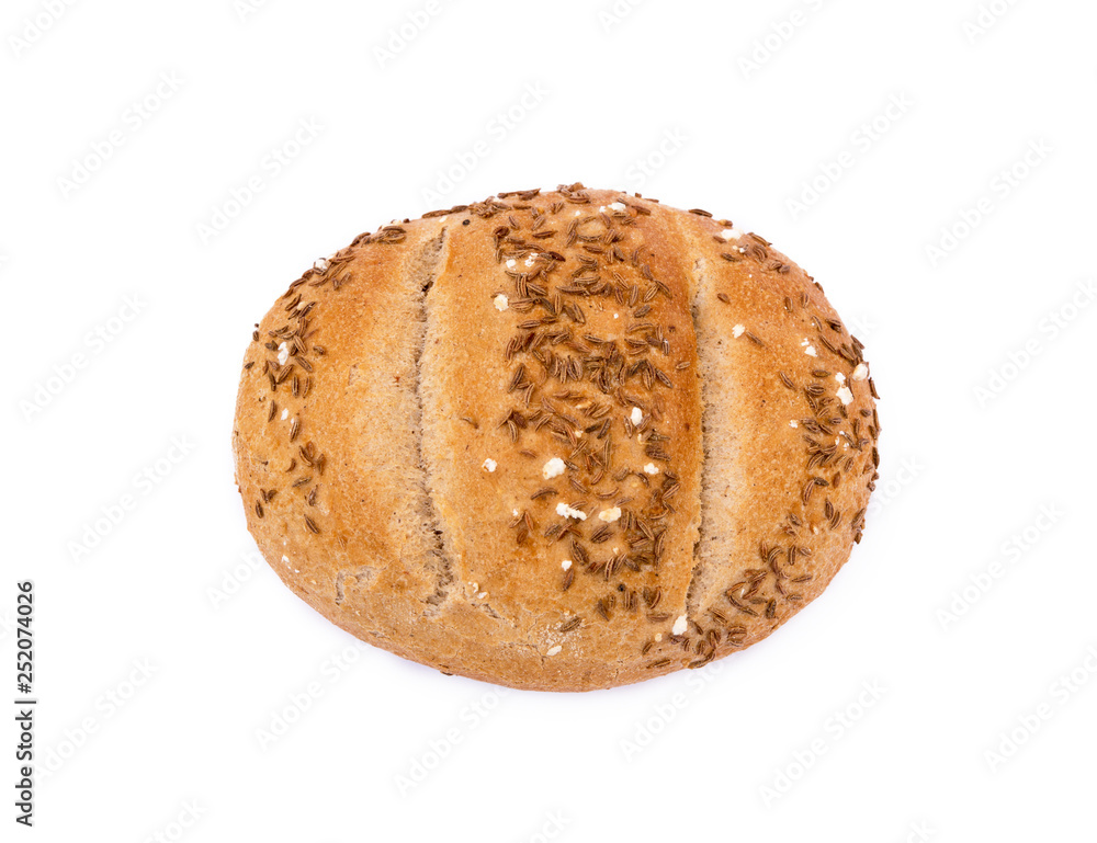 Crispy bun sprinkled with caraway isolated on white background Crispy bun sprinkled with caraway isolated on white background