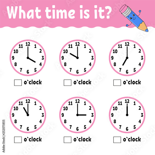 Learning time on the clock. Educational activity worksheet for kids and toddlers. Game for children. Simple flat isolated vector illustration in cute cartoon style.