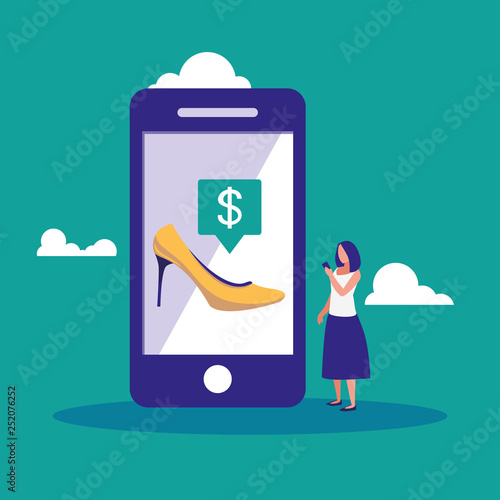 woman using smartphone with heel shoe