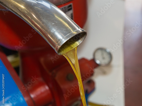 Flowing Oil from Steel Pipe: Closeup View of Olive Oil Mill photo