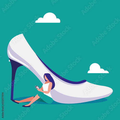woman using smartphone with heel shoe