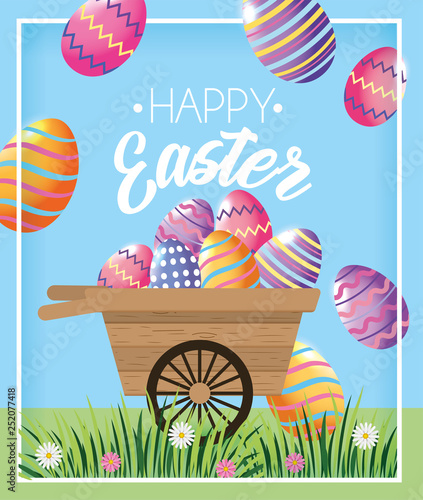 easter eggs decoration inside wheelbarrow to event