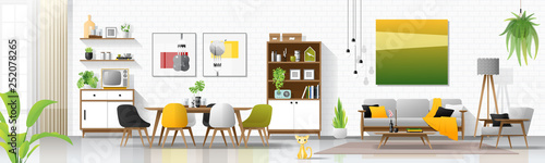 Modern house interior background with living and dining room combination , vector , illustration