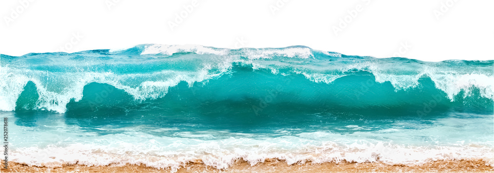 Blue and aquamarine color sea waves and yellow sand  with white foam isolated on white background. Marine beach background. - obrazy, fototapety, plakaty 