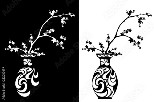 blooming cherry tree branches in a traditional japanese vase - sakura blossom black and white vector design set