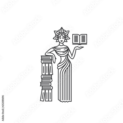 Vector illustration concept of goddess with book. Black on white background