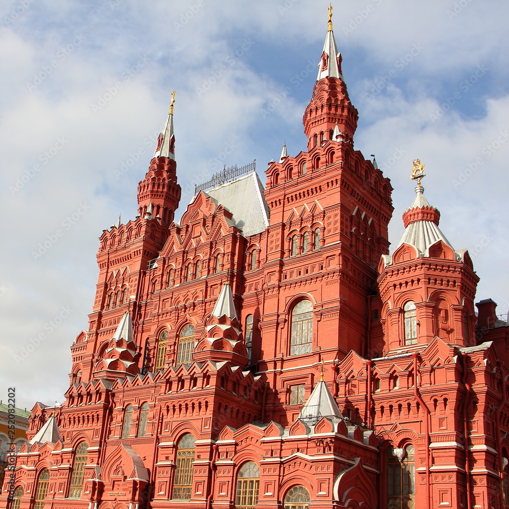 Moscow / Russia – Historical Museum close up on blue cloudy sky background