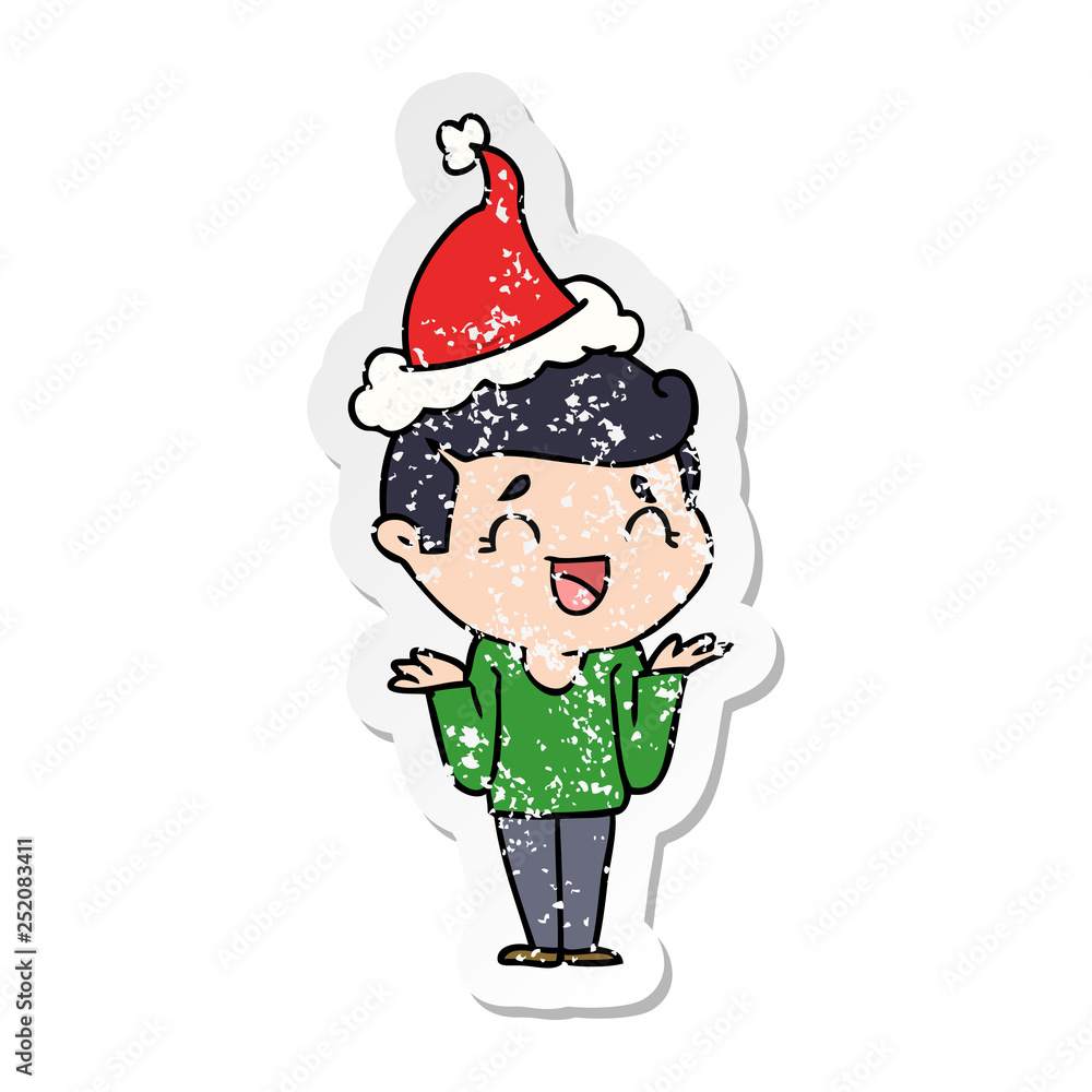 distressed sticker cartoon of a laughing confused man wearing santa hat distressed sticker cartoon of a laughing confused man wearing santa hat