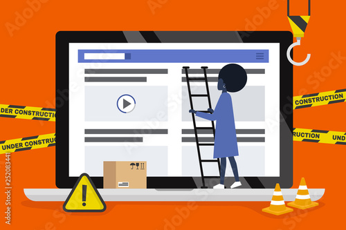 Web design and development. Site under construction. A young male professional working on a landing page. Flat vector illustration, clip art. Millennials at work. Digital creative industry.