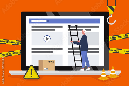 Web design and development. Site under construction. A young male professional working on a landing page. Flat vector illustration, clip art. Millennials at work. Digital creative industry.