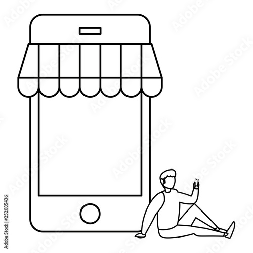 young man using smartphone with parasol