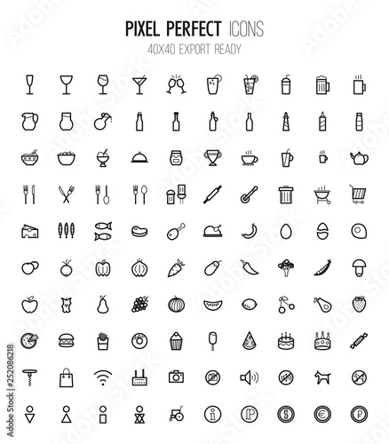 Pixel perfect Food icons with 40x40 px export ready