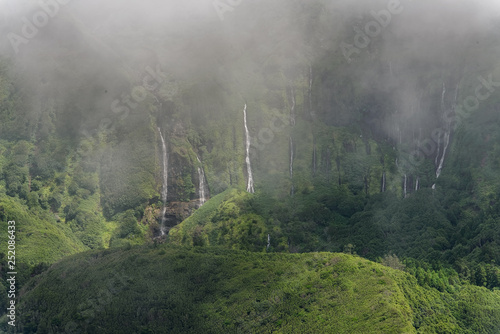 Waterfalls in the mist. Taken on the island of Flores, in the Azores.