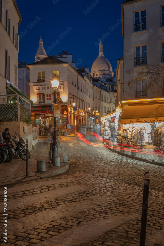 Paris, France - 02 24 2019: Streets of Montmartre by night