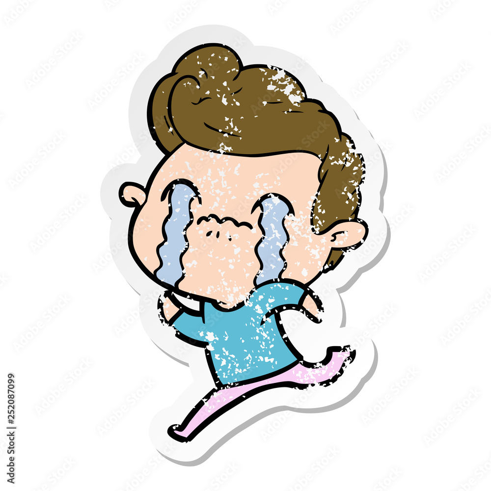 distressed sticker of a cartoon man crying distressed sticker of a cartoon man crying