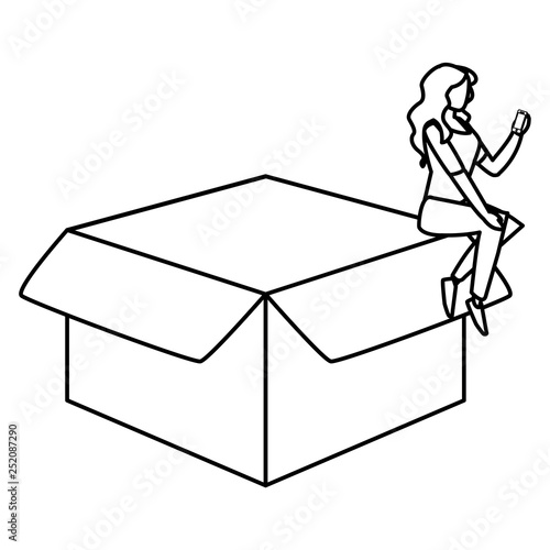 woman using smartphone with carton box