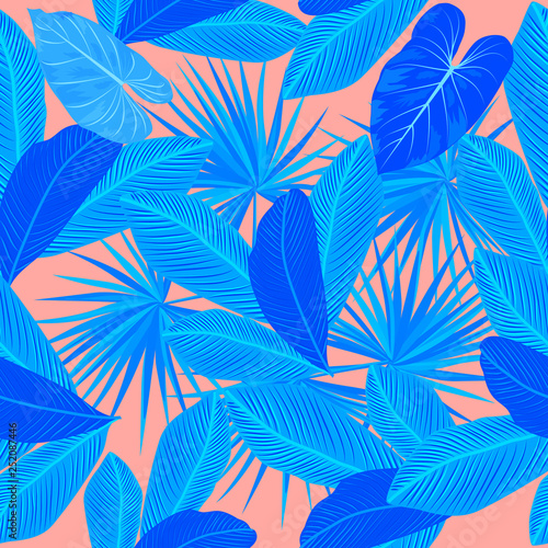 Tropical blue vector seamless pattern on living coral color background.