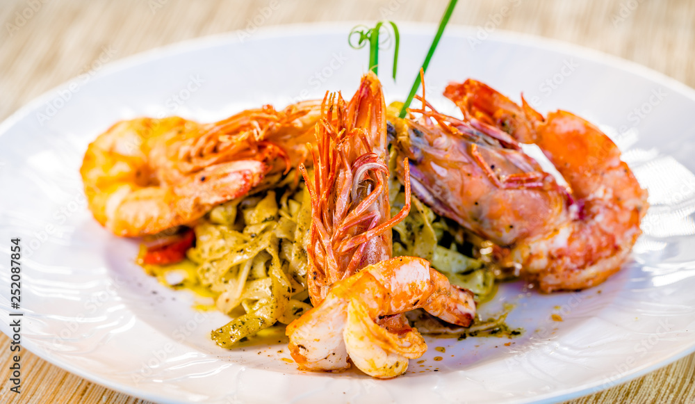 Fine dining organic food pasta with prawns and mussel seafood Fine dining organic food pasta with prawns and mussel seafood