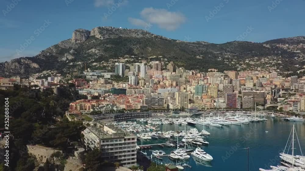 Monaco - 2018: Aerial Drone Monte Carlo sunset Europe yacht Architecture building casino success transport luxury travel Monaco - 2018: Aerial Drone Monte Carlo sunset Europe yacht Architecture building casino success transport luxury travel