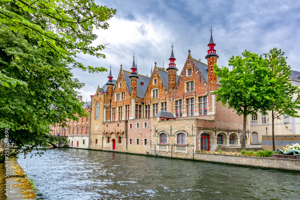 Groenerei canal and architecture of old Bruges, Belgium