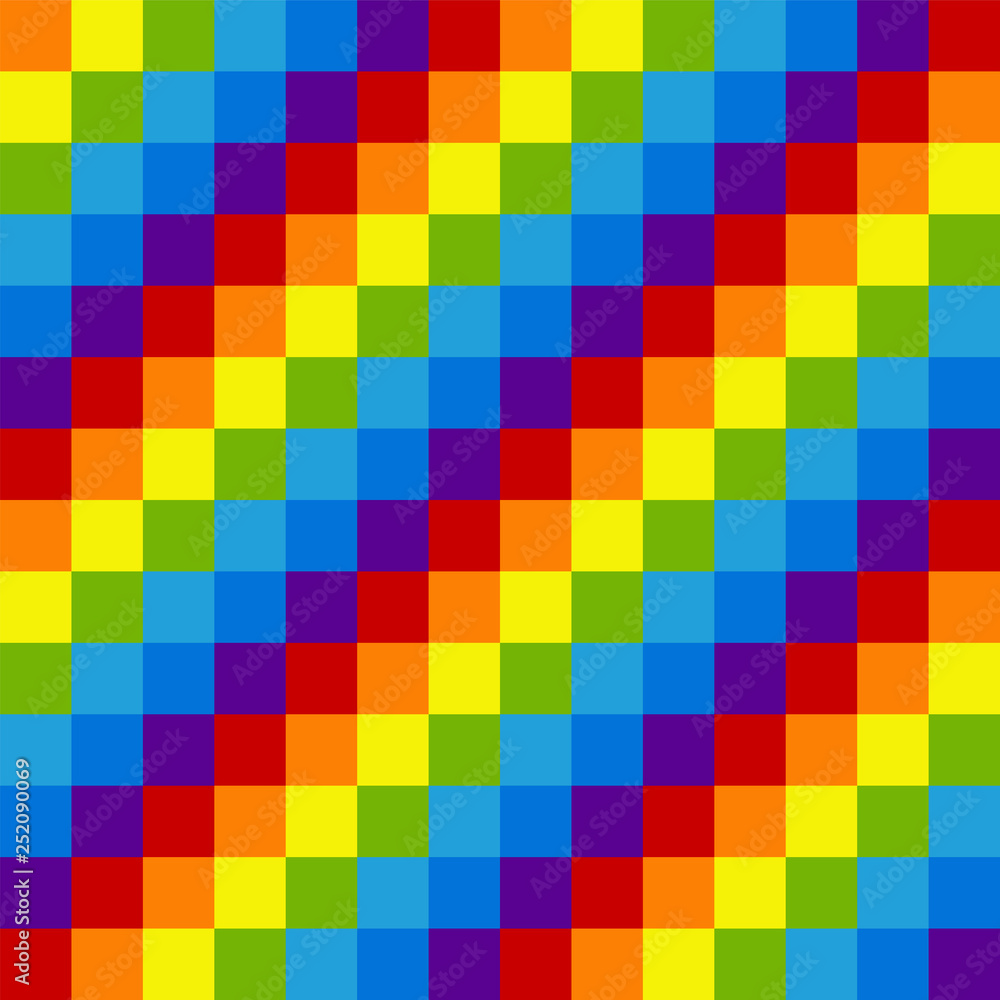 Rainbow pixel seamless pattern. Alternating colored diagonal squares. Bright festive background for decorations or packaging. Modern design.