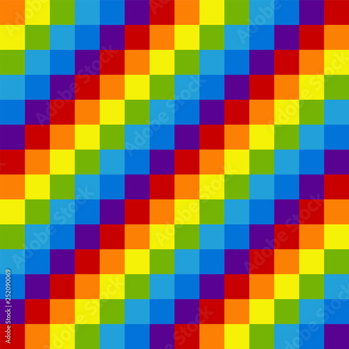 Rainbow pixel seamless pattern. Alternating colored diagonal squares. Bright festive background for decorations or packaging. Modern design.