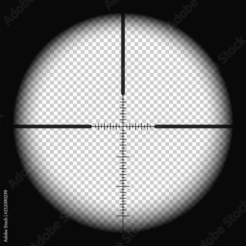 Realistic sniper scope with measurement marks. Transparent vector illustration