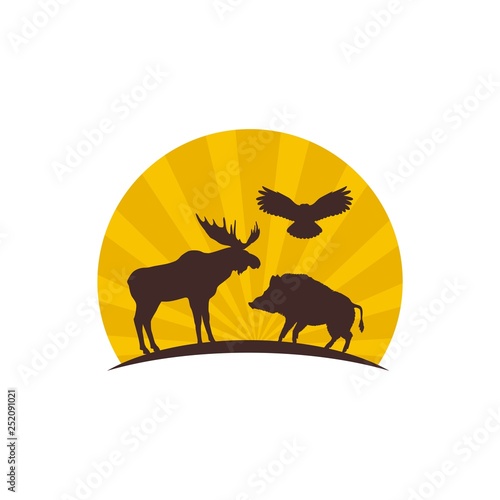 Silhouette of a moose, owls and wild boar