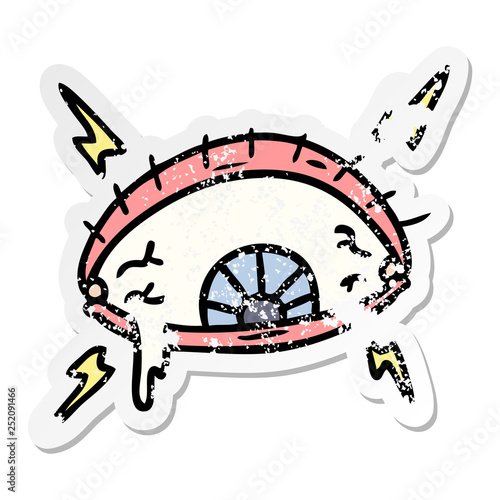 distressed sticker cartoon doodle of an enraged eye
