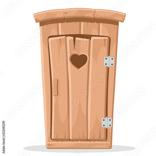 Wooden toilet with a carved heart in the door on a white.