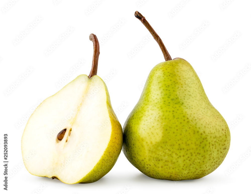 Green pear and half close - up on a white. Isolated. Green pear and half close - up on a white. Isolated.