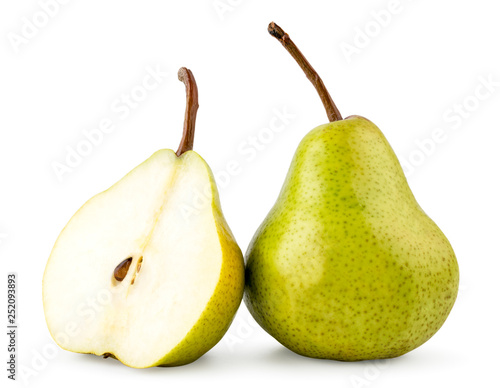 Green pear and half close - up on a white. Isolated.