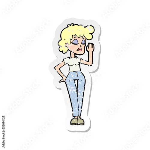 retro distressed sticker of a cartoon woman ignoring
